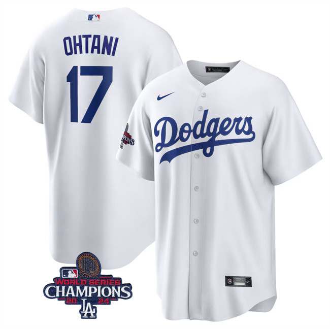 Men's Los Angeles Dodgers #17 Shohei Ohtani White 2024 World Series Champions Cool Base Stitched Baseball Jersey Men's Los Angeles Dodgers #17 Shohei Ohtani White 2024 World Series Champions Cool Base Stitched Baseball Jersey